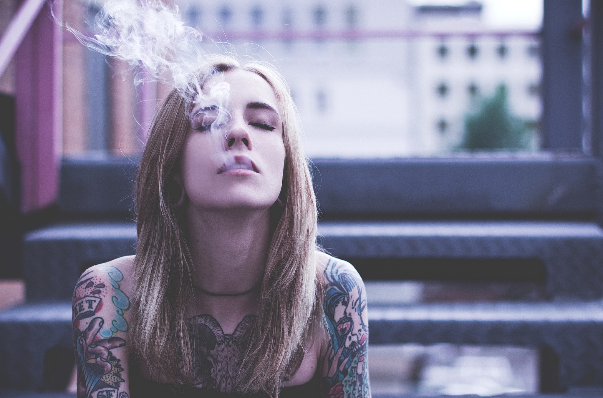 Women Tattoo Closed Eyes Smoking Smoke Wallpaper Girls Wallpaper Better
