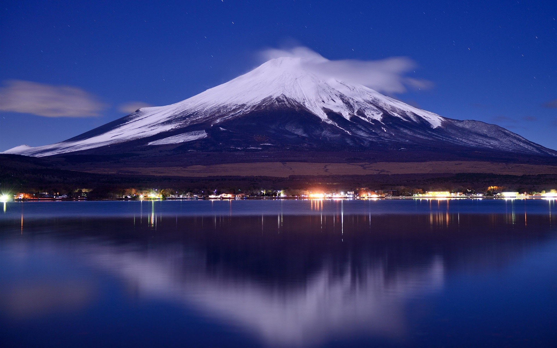 Japan Mount Fuji Lake Night Lights Clouds Wallpaper Travel And