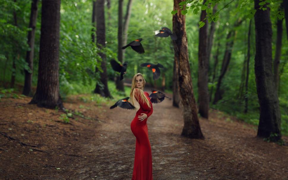 Women Women Outdoors Blonde Depth Of Field Red Dress